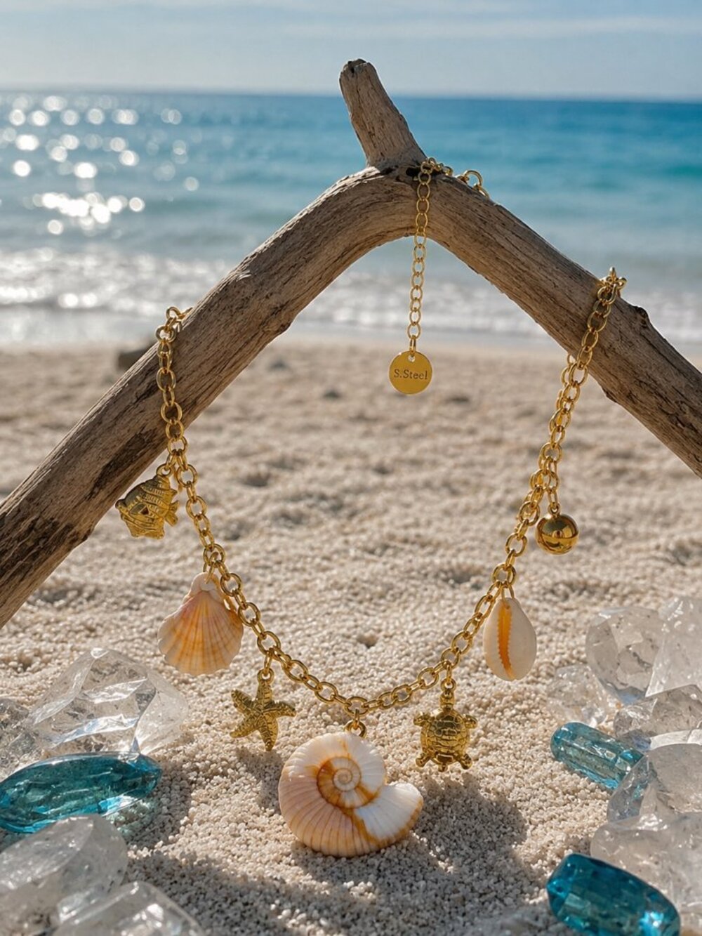 18K Gold Plated Faux Shell Mermaidcore Charm Necklace Turtle Starfish 15.5" - Picture 3 of 15